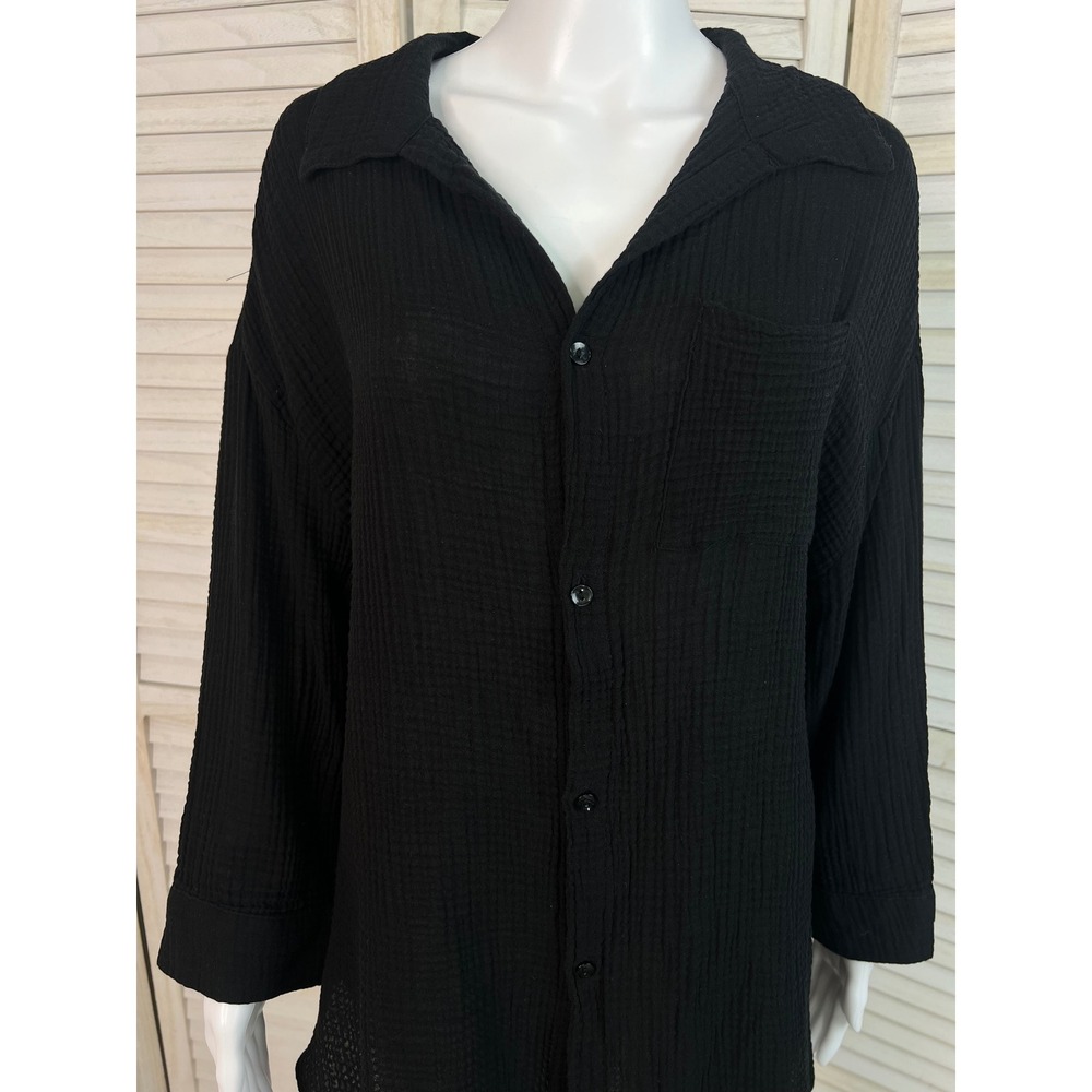 Kona Sol Top Cover Up Swim Black Gauze Cotton Button Down Beach Resort Medium - Picture 10 of 11